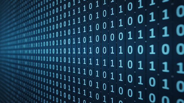 Detailed view of binary code data streams displayed on dark blue digital monitor with streaming technology information software computing programming background security abstract algorithm