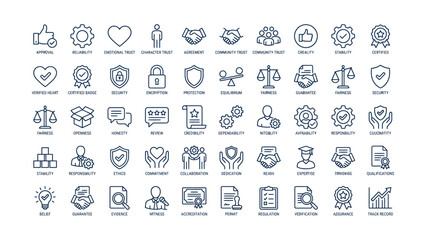 Comprehensive collection of business trust quality and security line icons illustrating reliability partnership certification and legal processes © MARUF
