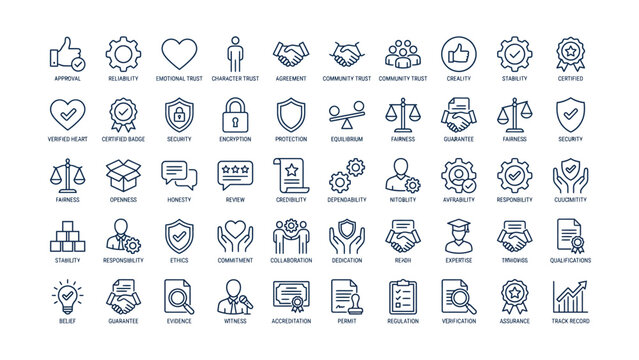 Comprehensive collection of business trust quality and security line icons illustrating reliability partnership certification and legal processes