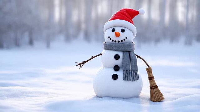 Cheerful snowman with Santa hat in snowy winter landscape