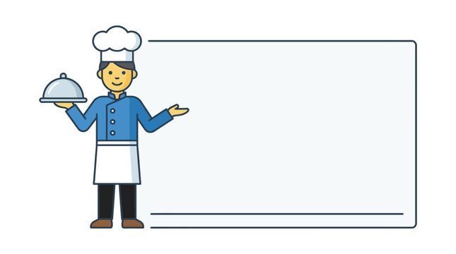 A professional chef in a blue uniform holding a silver serving platter next to a blank sign.