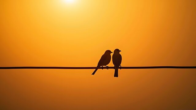 Two birds perched close together on a wire at sunset