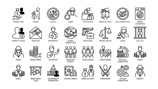 This image features a comprehensive collection of modern black line icons illustrating various aspects of global crime corruption and social issues in an organized grid format