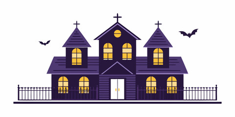 Cartoon haunted house illustration with turrets and glowing windows © Subarna