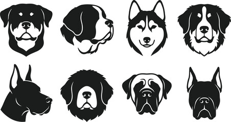 Large Dog Breed Head Profile Silhouette Vector Icon Set Featuring Rottweiler Saint Bernard Husky Mastiff and Great Dane for Pet Industry Designs © Ruhul