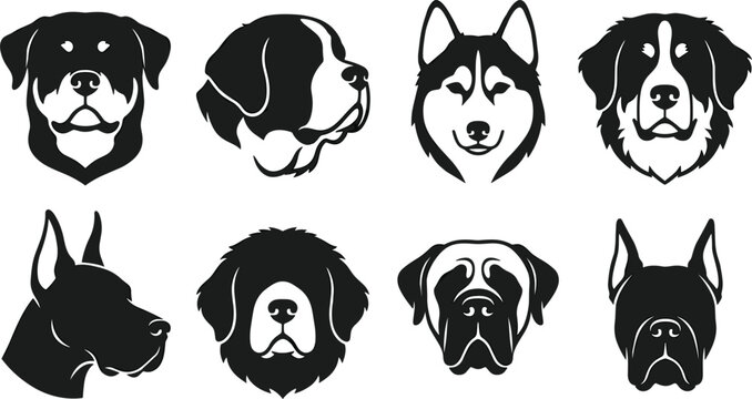 Large Dog Breed Head Profile Silhouette Vector Icon Set Featuring Rottweiler Saint Bernard Husky Mastiff and Great Dane for Pet Industry Designs