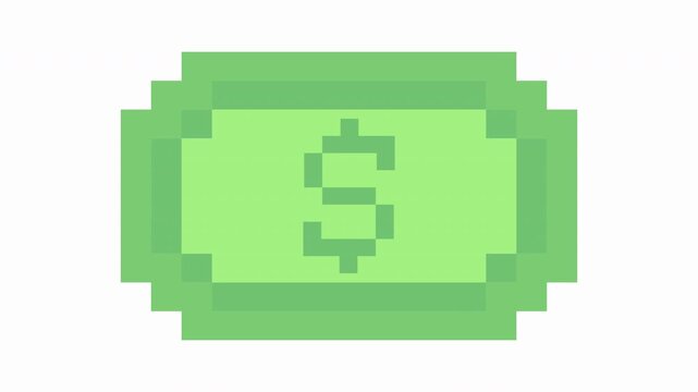Pixel art icon animation of a green dollar bill expanding or growing and shrinking on a transparent background.