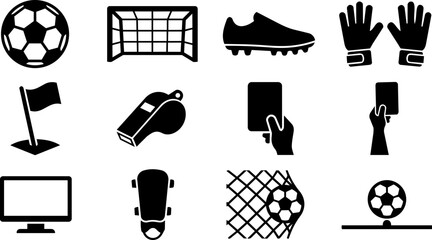 Soccer Equipment and Game Elements Silhouette Icon Set with Football Ball Goal Referee and Match Symbols © Mediasegment