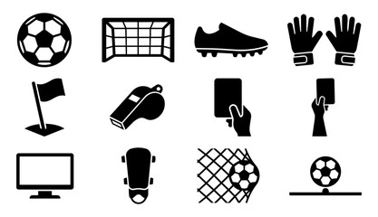 Soccer Equipment and Game Elements Silhouette Icon Set with Football Ball Goal Referee and Match Symbols © Mediasegment