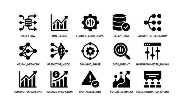 Data science icons arranged in grid with labels on white background