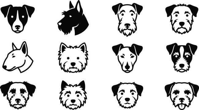 Terrier Dog Breed Head Silhouette Vector Icon Set Featuring Jack Russell Bull Terrier Scottish and Westie Graphics for Pet Branding Layouts