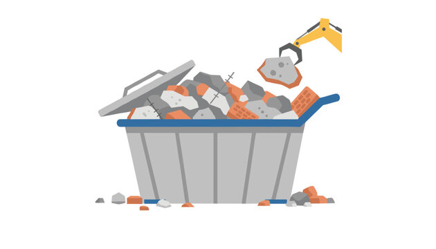 Mechanical excavator arm lifts rubble and bricks into a large metal dumpster container at a construction site or renovation project area.