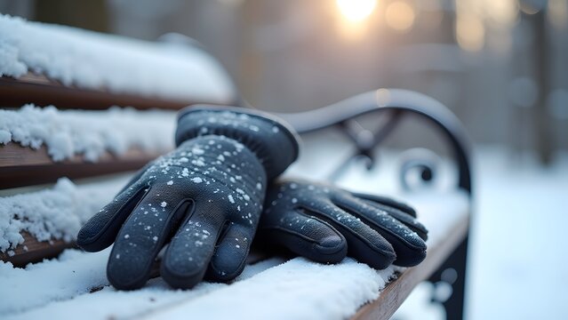 A pair of gloves placed together on a winter bench