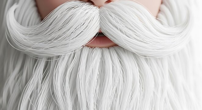 Santa Claus white beard and handlebar mustache close up macro view