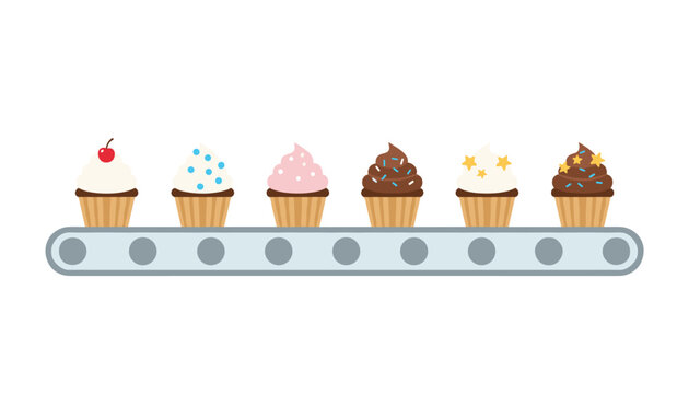 Chocolate cupcakes topped with creamy frosting and sprinkles moving along a factory conveyor belt as part of an industrial baking process.
