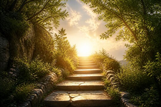 Sunlight spills through leafy canopy, casting warm glow. Stone steps ascend toward golden horizon, inviting calm ascent. Greenery flanks path, wildflowers dotting edges with soft texture