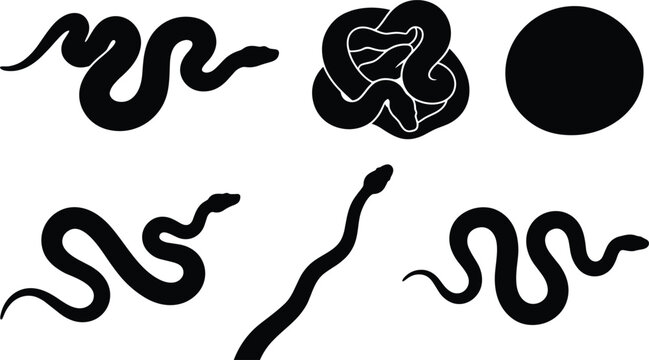 Snake and Serpent Silhouette Vector Icon Set Featuring Crawling Coiled and Slithering Reptiles for Nature Wildlife Danger Warning Graphic Designs