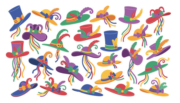 Collection of various colorful fancy hats featuring feathers and ribbons isolated on a white background for fashion and event design.