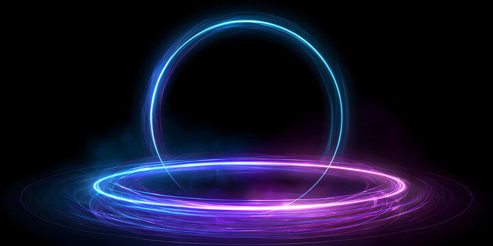 Abstract Glowing Neon Circle Frame With Blue and Purple Light Trails and Futuristic Energy Ring Isolated on Transparent Background