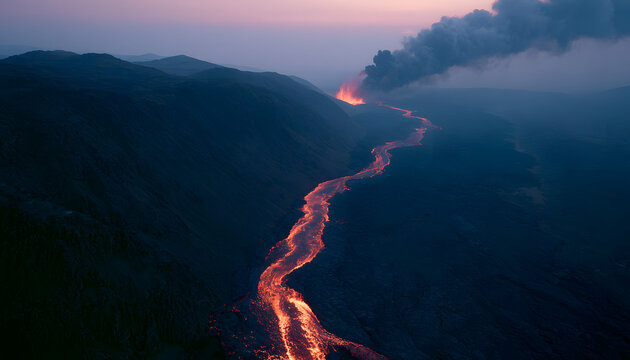 Molten lava flows down the volcano, glowing orange channel carves the rocky slope. Ember showers and smoke plume rise into the dusk sky, creating an aerial cinematic framing
