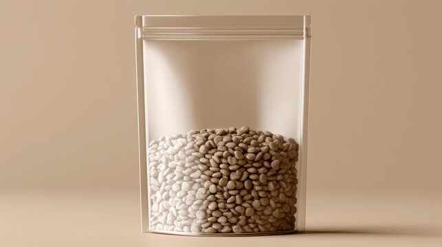 Stunning photo of transparent stand-up pouch with pet food kibble on a solid beige background.