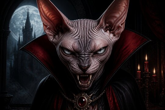 Dark feline face with sharp teeth and glowing eyes. Candlelight flickers behind a gothic castle moon. Red cape drapes over sinister, hairless head. Angry expression shows fangs and intense gaze