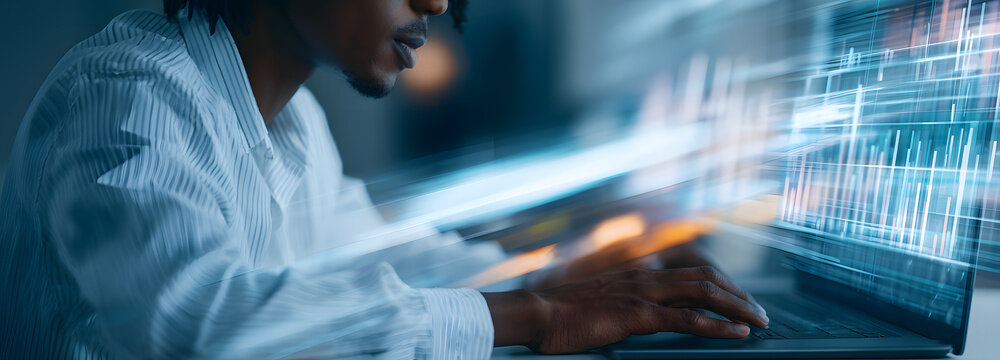 Business data analytics, data science, abstract data flow on network, the analyst uses a computer for analysis, transferring complex data, AI algorithm, deep machine learning.