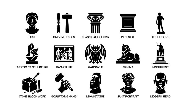 Sculpture icons showing tools monuments and statues on white backdrop