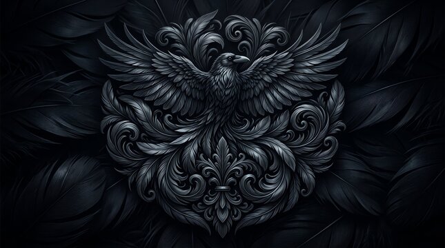 Majestic black raven depicted with intricate ornamental filigree wings spreads wide across a dark background of soft layered textured feathers