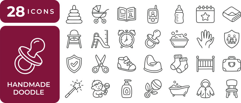 Baby care doodle collection featuring nursery essentials feeding hygiene safety parenting accessories and childhood daily routine illustrations
