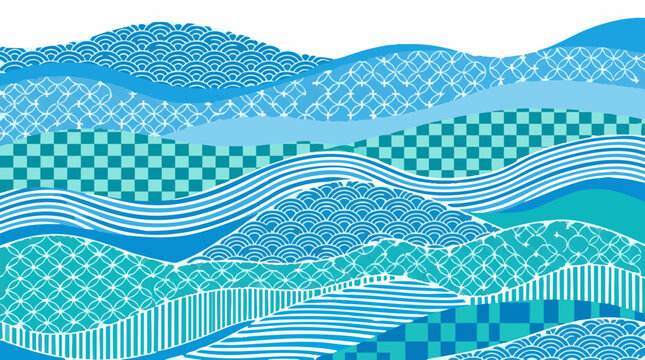 Abstract blue and teal waves with Japanese traditional patterns