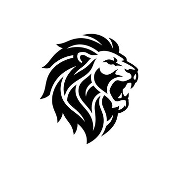 Stylized Lion Head Roaring Black and White Graphic.