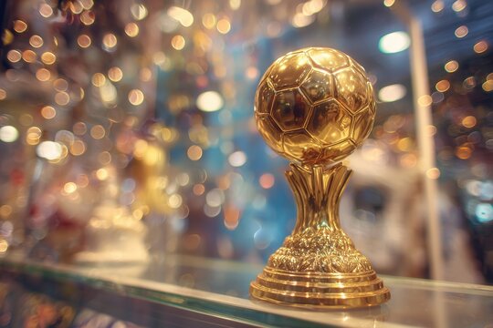 Golden soccer trophy with blurred lights