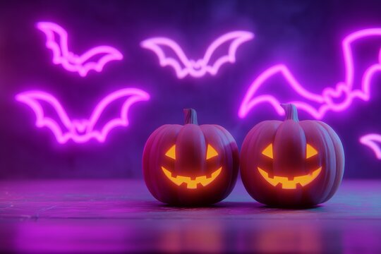 Halloween pumpkins with neon bats