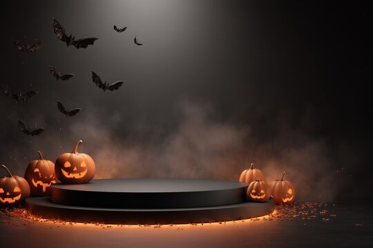Halloween podium with pumpkins and bats