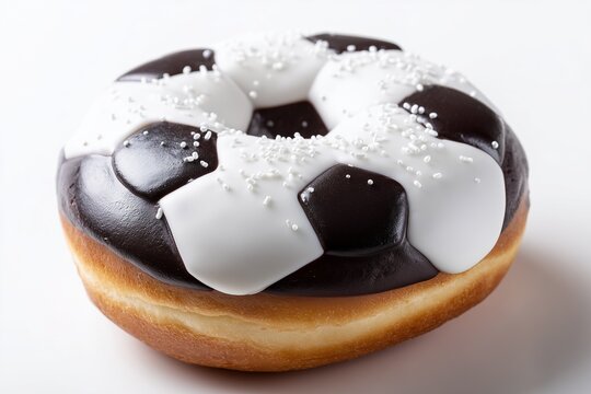 Soccer themed donut with black and white icing
