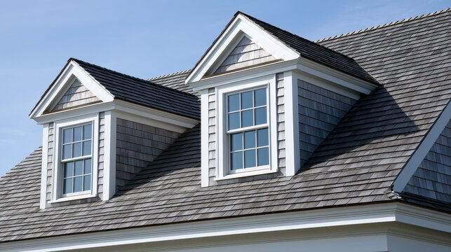 Stunning photo of dormer windows on the sloped shingle roof of a newly built house in Brighton Massachusetts USA.