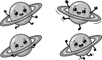 Cute Cartoon Saturn Planet Character Vector Set with Happy Smiling Space Elements Jumping and Dancing for Kids Educational Coloring Page © monoara