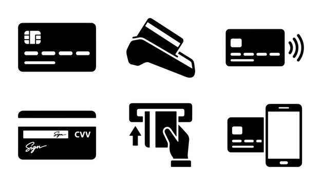 Credit Card Payment Icons, Contactless Transaction Symbols, Digital Wallet & POS Terminal Graphics