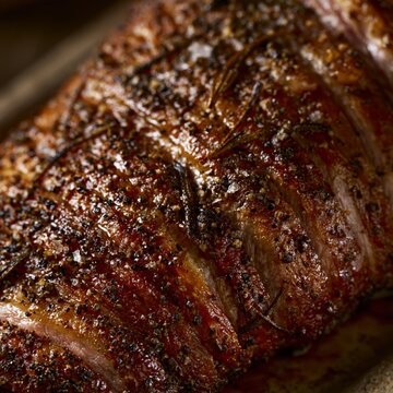 Juicy Herb Crusted Roast Pork with Cracked Pepper and Golden Caramelized Texture Close Up