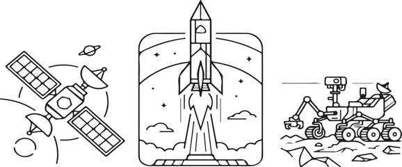 Space Technology Satellite Launch and Rover Exploration Icons © Durjoy 