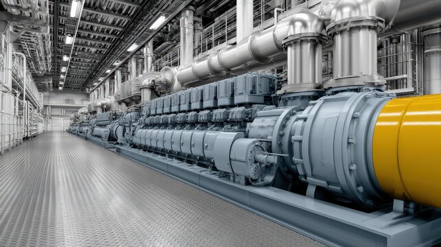 Stunning photo of large Industrial Diesel Engine in a Ship Engine Room with Selective Color Effect.