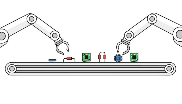 Automated robotic arms perform delicate tasks on a production line as they handle electronic components and circuit board assembly work.