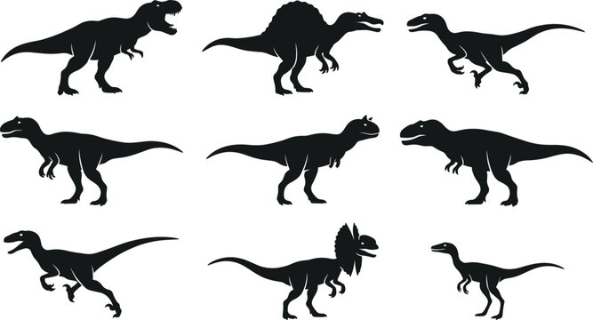 Theropod Carnivorous Dinosaur Silhouette Vector Icon Set Featuring Tyrannosaurus Rex Spinosaurus Raptor and Dilophosaurus for Paleontology Educational Graphic Designs