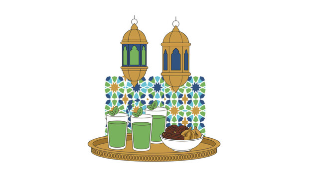 Festive Ramadan setup features traditional lanterns and a tray of refreshing mint tea with dates and figs for breaking the daily fast.