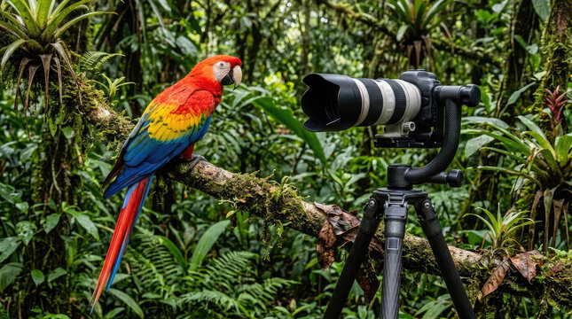 Celebrating world photography day scarlet macaw observed by camera in lush rainforest habitat