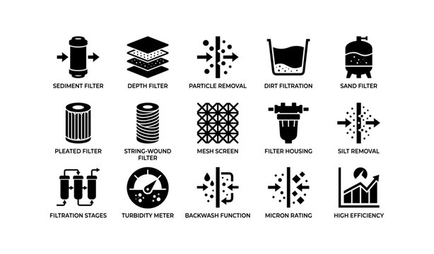 Water filtration components and functions shown as icons