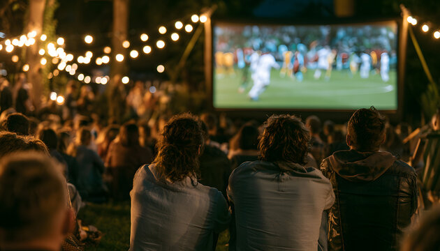 People watch soccer matches on big screens outdoors at night. Crowds gather in parks with festive string lights. Fans cheer for the football game on large displays.