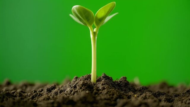 Macro time lapse of single green sprout growing upward against green screen, representing environmental sustainability success and agriculture organic business growth