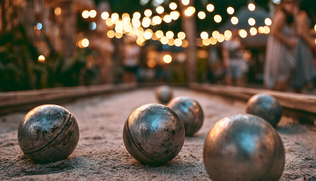 Metal balls rest on sandy court for bocce game at the park. People play outdoor game under string lights at dusk. Evening leisure activity with friends.